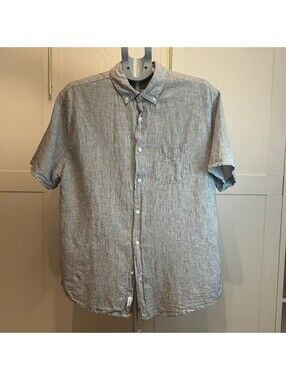 Onia Men's Large Blue Striped Linen Blend Button Up Shirt Short Sleeve Stretch